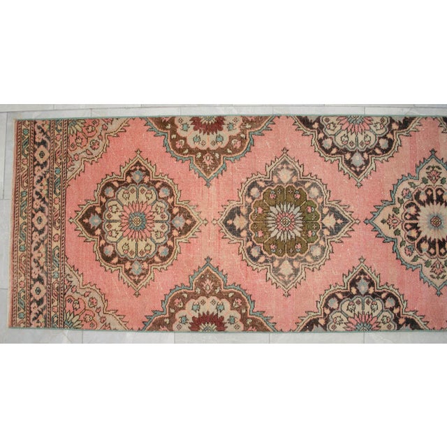 Hand-Knotted Oushak Runner Rug Faded Pink Low Pile Hallway Decor Kitchen Rug- 3'2″x 12'4″ For Sale - Image 10 of 14