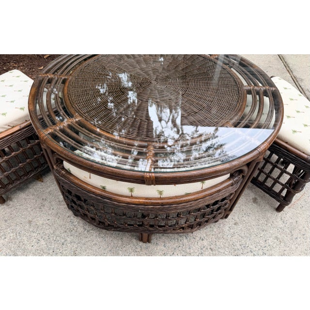 Braxton Culler Vintage Rattan Round Glass Top Coffee Game Table With 4 Cushioned Stools For Sale - Image 4 of 12
