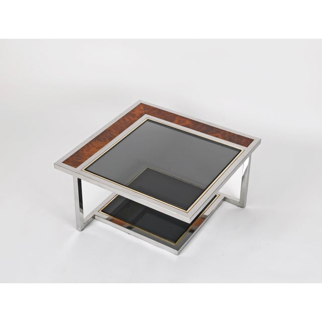 Coffee Table in Chrome, Brass, Burl Wood, and Smoked Glass, Italy, 1970s, in Good conditions. Designed 1970 to 1979