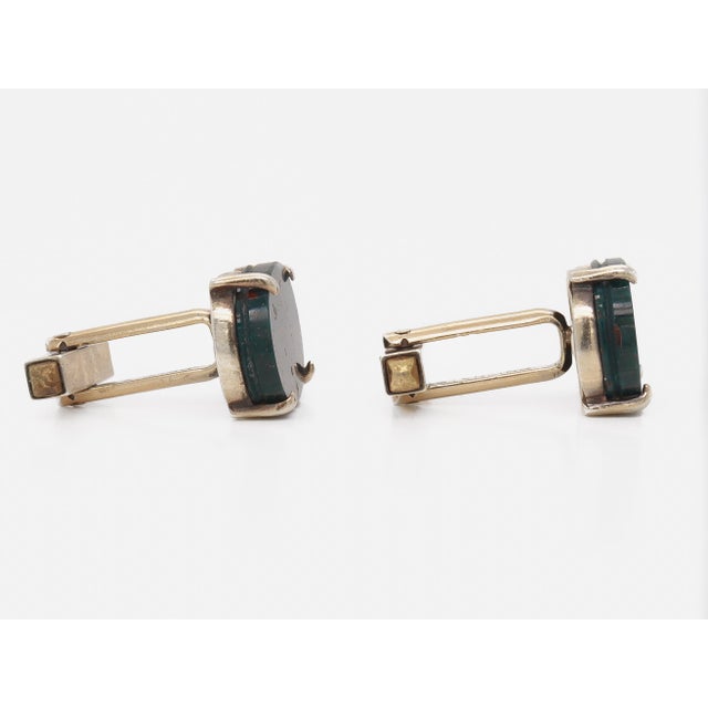 Gold Modern Gilt Sterling Silver & Bloodstone Cabochon Cufflinks For Sale - Image 8 of 10