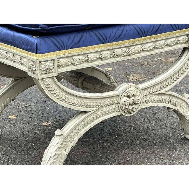 Blue Country House Stool in Carved Frame For Sale - Image 8 of 12