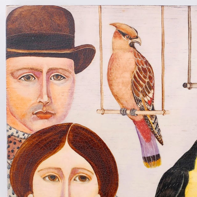 Modernist oil painting on board depicting an unexpected gathering of personalities all with a common expression. Signed by...