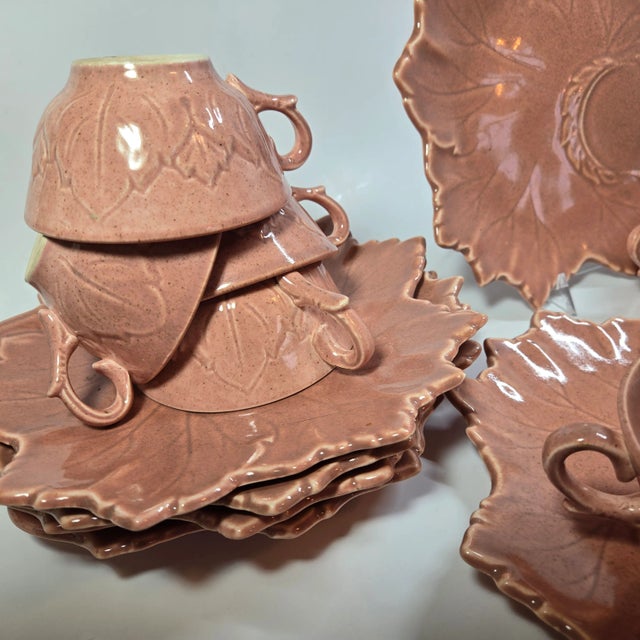 Pink Sculpted Leaf Snack Sets- Set of Twelve For Sale - Image 4 of 11