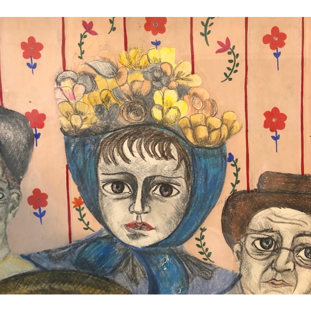 Peach Maria Teresa Vieco, Latin American Folk Art Family Portrait Colombian Naive Painting, Color Drawing, 1975 For Sale - Image 8 of 10