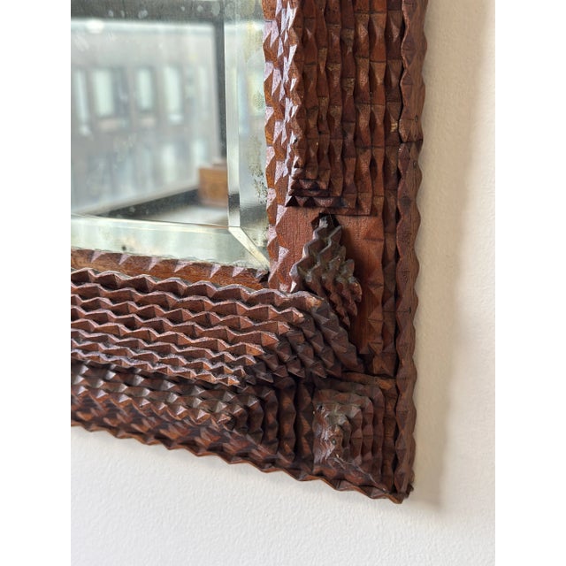 Antique Geometric Chip Carved Wall Pocket / Comb Box With Beveled Glass Mirror, Circa Late 19th Century For Sale - Image 12 of 17