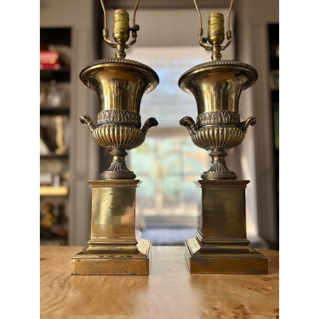Late 20th Century Classical Heavy Brass Urn and Pedestal Lamps - a Pair For Sale - Image 9 of 9