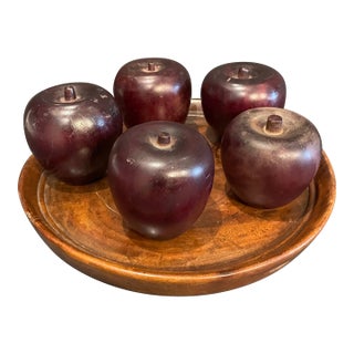 Set of Five Folk Art Apples and Walnut Plate. For Sale