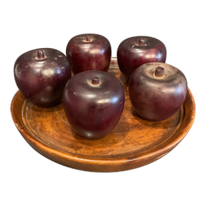 Set of Five Folk Art Apples and Walnut Plate.