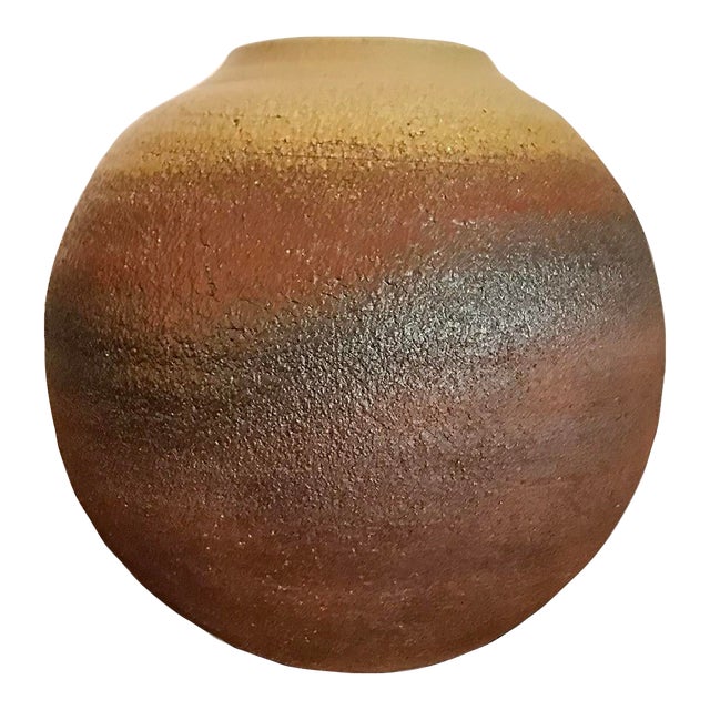 Vintage 1970s Large Mid-Century Modernist Studio Signed Brown Ceramic Sculptural Vase For Sale