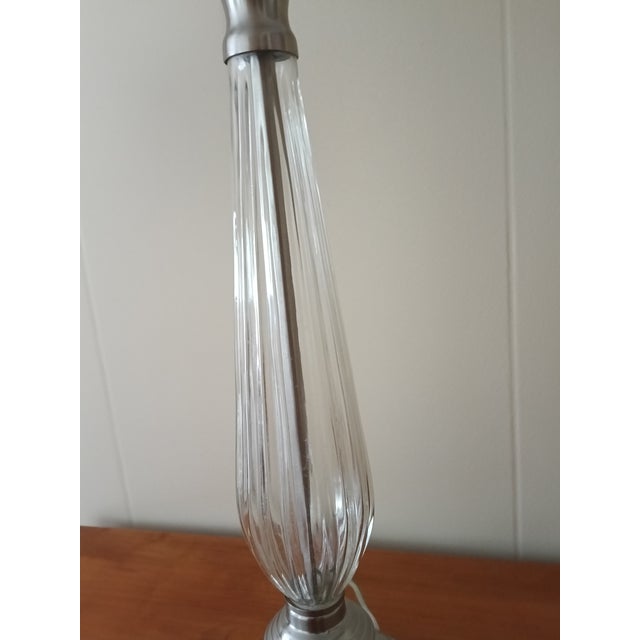 Modern Transitional Silver & Ribbed Glass Table Lamp With Classic White Shade For Sale - Image 3 of 9