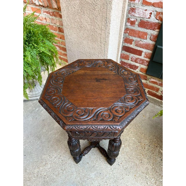 Petite Antique French Octagon Center Side Table Side End Renaissance Carved Oak For Sale - Image 9 of 12