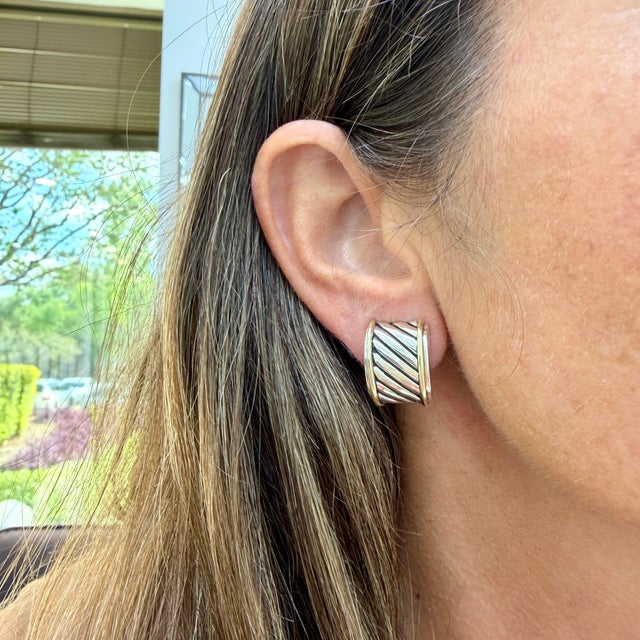 Silver David Yurman 14k Yellow Gold & 925 Silver Classics Cigar Huggie Clip-on Earrings, A Pair For Sale - Image 8 of 8