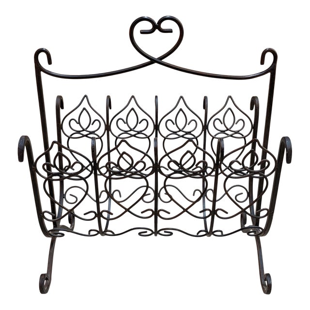 1970s Shabby Chic Wrought Iron Rattan Magazine Rack For Sale