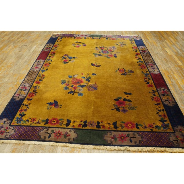 1920s Yellow Florid Antique Chinese Art Deco Carpet 7'2" X 9'10" Handknotted Rug For Sale - Image 9 of 9