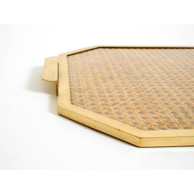 Wood Octagonal Acrylic Glass, Wicker and Brass Serving Tray in the style of Christian Dior, Italy, 1970s For Sale - Image 7 of 18