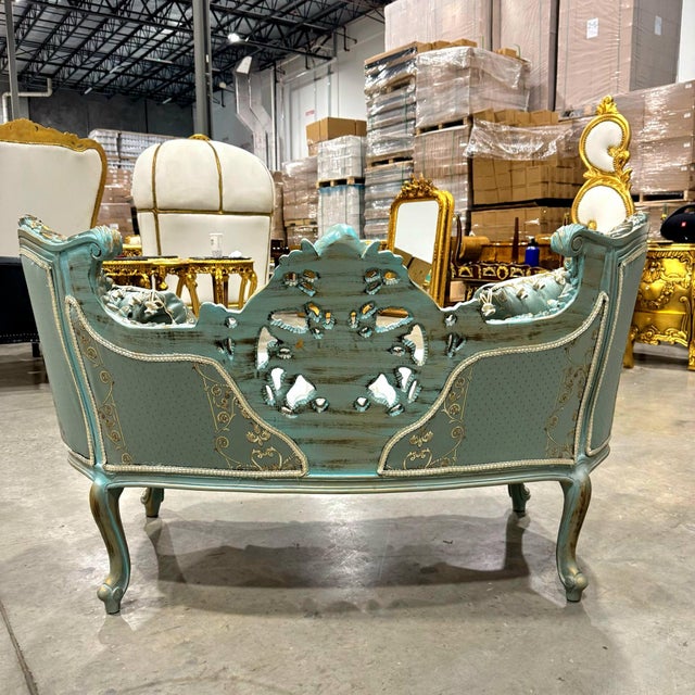French Style Sky Blue Small Settee For Sale - Image 9 of 12