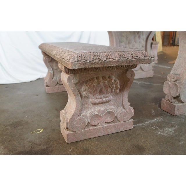 Pink Vintage Italian Granite Carved Stone Outdoor Picnic Dining Table & Benches 50" For Sale - Image 8 of 12