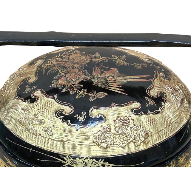 Vintage Oriental Black Golden Graphic Stack Wedding Basket Display For Sale - Image 17 of 17