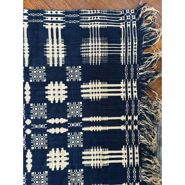 Antique 19th Century Hand Loom Woven Blue and White Coverlet For Sale - Image 4 of 16