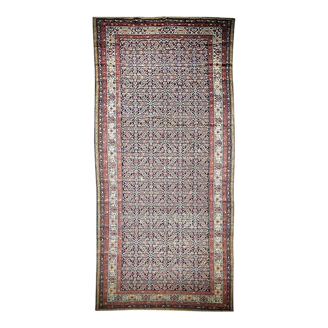 19th Century Persian Farahan Gallery Rug, Hand-Knotted Wool, Allover Herati Geometric Pattern, Ivory & Red, 7x16 For Sale