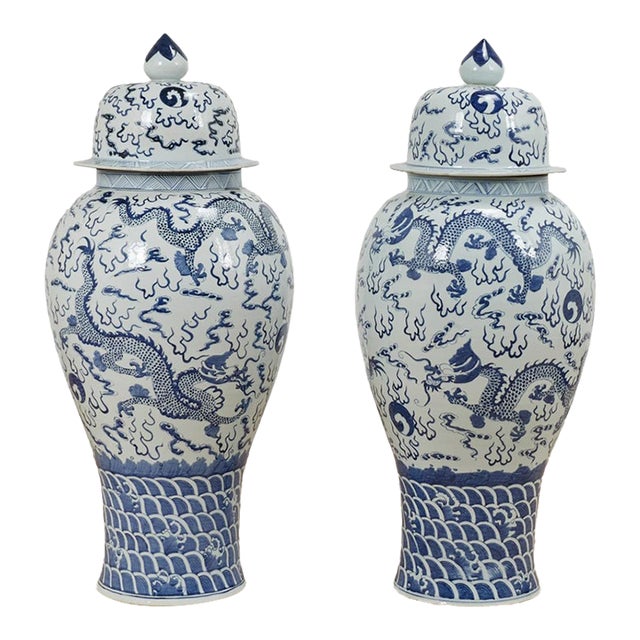 Pair of Chinese Blue and White Porcelain Dragon Palace Urns For Sale