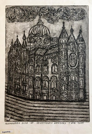 Dora Szampanier, Regensburg Germany Jewish Memorial Etching Destroyed Synagogue Folk Art Judaica