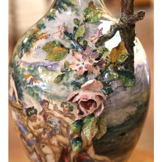 Pair of 19th Century Italian Capodimonte Majolica Ewers With Bacchic Scenes For Sale - Image 4 of 15