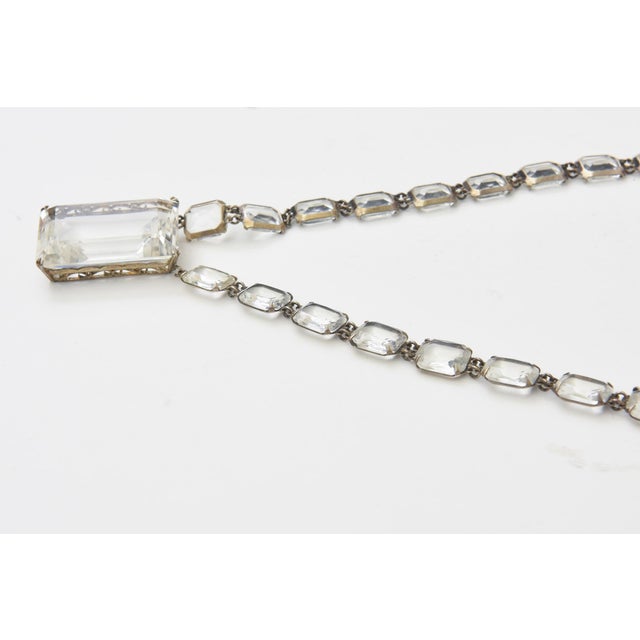 Silver Vintage Art Deco Crystal and Silver Long Necklace With Faceted Square Pendant For Sale - Image 8 of 11