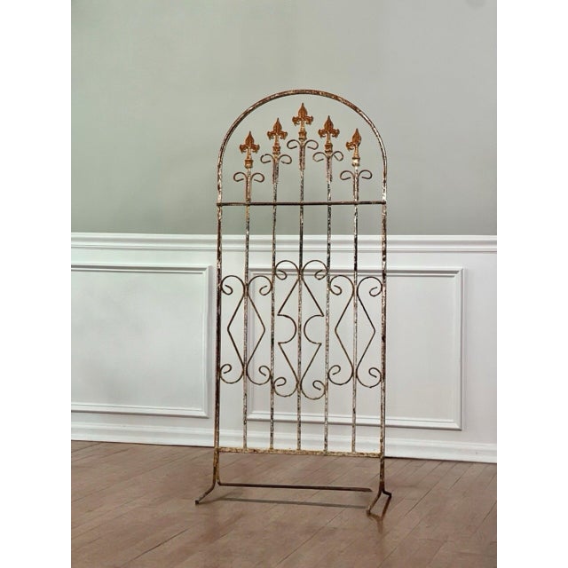 Shabby Chic Free Standing Wrought Iron Arched Trellis With Weathered White Paint, 20th Century For Sale - Image 3 of 11