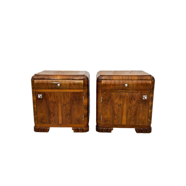 Set of two Art Deco nightstands, Central Europe, 1930s. Spruce and plywood veneered in walnut root veneer, chrome plated...