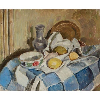 1950s Mid Century French Bertrand Py Oil Painting on Board Still Life Blue and White Checkered Tablecloth Lemons Chinoiserie Signed For Sale