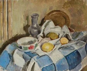 1950s Mid Century French Bertrand Py Oil Painting on Board Still Life Blue and White Checkered Tablecloth Lemons Chinoiserie Signed