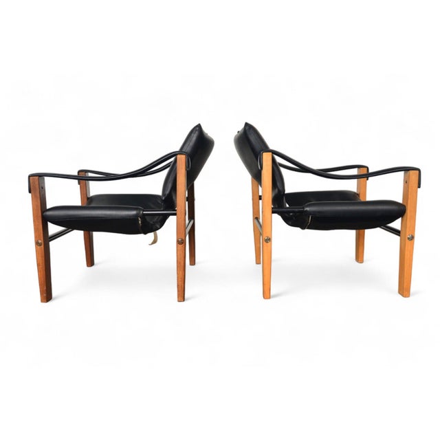 Black Pair of Mid 20th Century Maurice Burke Safari Lounge Chairs + Ottoman For Sale - Image 8 of 10