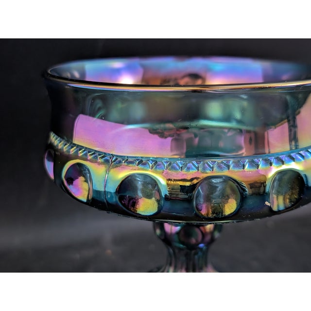 Indiana Glass Carnival candy dish, 5.25 inches tall, 4.75 inch opening. King's Crown style in blue/purple.