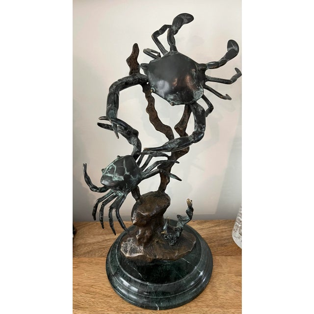 Contemporary Fighting Bluepoint Crab Brass Sculpture on Green Marble Base For Sale - Image 3 of 11