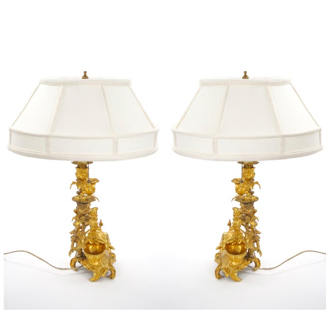 French French Pair of Gilt Bronze Louis XVI-Style Three-Light Candelabra Table Lamps For Sale - Image 3 of 15