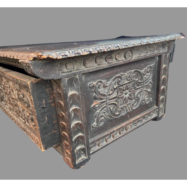 Late 19th Century Antique Carved Wood Cassone Blanket Chest Trunk Coffee Table 60” Renaissance For Sale - Image 5 of 10