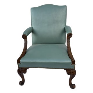 Mid-19th Century English Mahogany Library Armchair in Robin’s-Egg Blue Leather For Sale