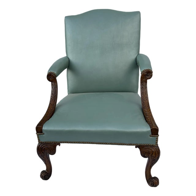 Mid-19th Century English Mahogany Library Armchair in Robin’s-Egg Blue Leather For Sale