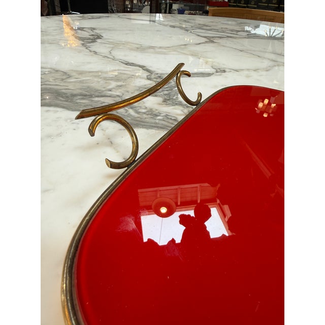 Arlecchino Milano Red Serving Tray With Brass Handles For Sale - Image 4 of 9