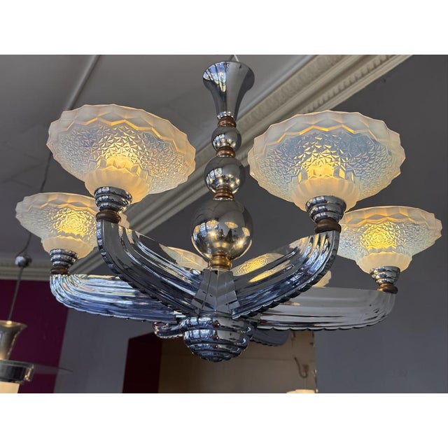 Silver Art Deco Opalescent Glass and Nickel-Plated Bronze Chandelier by Jean Gauthier for Petitot & Ezan, France, 1935 For Sale - Image 8 of 18