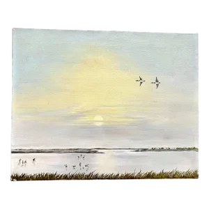 Original Vintage Canvas Painting, 1978 of Geese and Clamdiggers on at Sunset