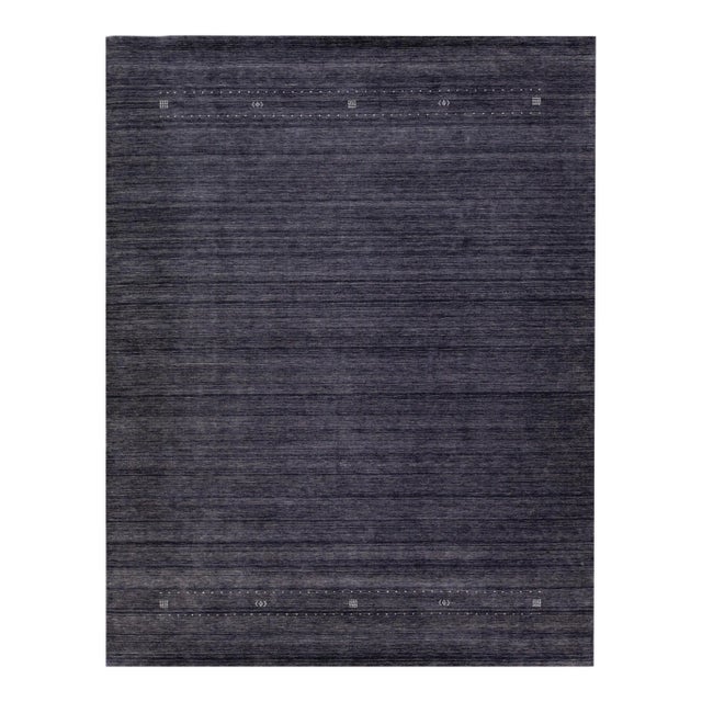 Modern Gabbeh Style Hand-Loom Charcoal Blue Wool Rug With Minimal Design For Sale