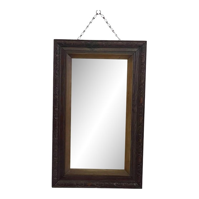 Victorian 1890s Uk Import Carved Oak Wall Mirror With Beveled Glass and Hanging Chain. For Sale