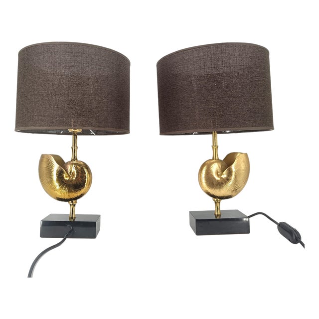 Brass Nautilus Table Lamps from Maison Charles, France, 1970s, Set of 2 For Sale