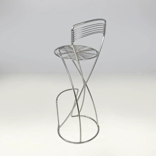 Postmodern Italian Chromed Metal Round Base Stool with Footrest For Sale - Image 4 of 18