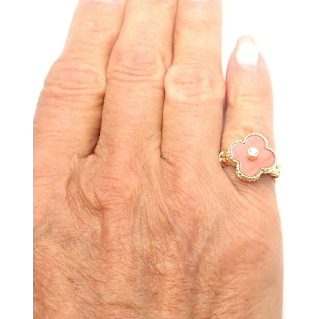 Van Cleef & Arpels Alhambra 18k Yellow Gold Coral Diamond Ring, size 4.75 For Sale - Image 10 of 10