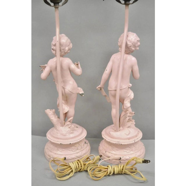 Antique French Renaissance Figural Spelter Metal Figural Cherub Table Lamps Pair For Sale - Image 10 of 12