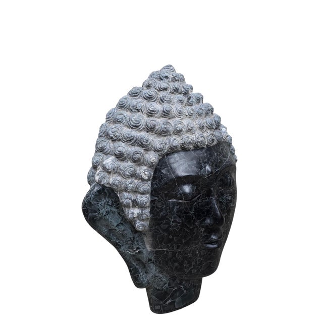 Vintage Hand-Carved Thai Black Marble Buddha Head Sculpture A vintage hand-carved Buddha head sculpture from Thailand,...