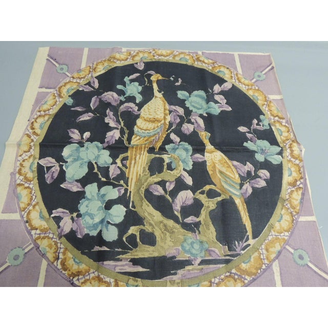 Purple and Black Printed Linen Fabric Panel Depicting peacocks and trellis patter Stamped “Hand printed for Schumacher...